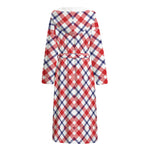 Blue Red And White American Plaid Print Hooded Bathrobe