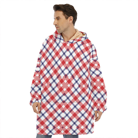 Blue Red And White American Plaid Print Hoodie Blanket