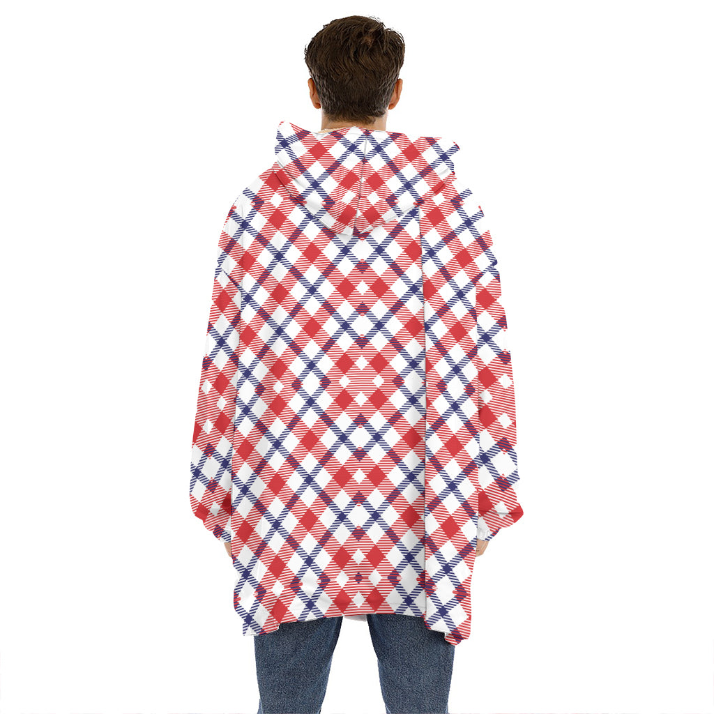 Blue Red And White American Plaid Print Hoodie Blanket