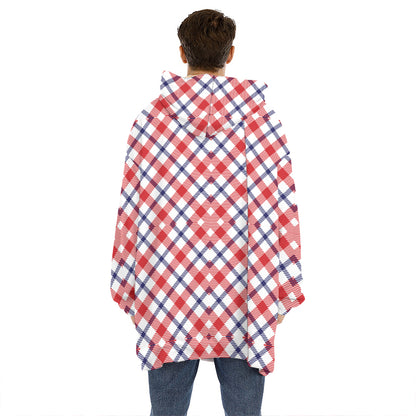 Blue Red And White American Plaid Print Hoodie Blanket