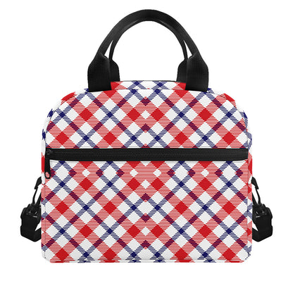 Blue Red And White American Plaid Print Insulated Lunch Bag