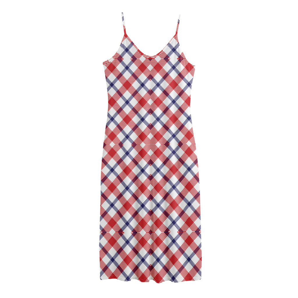 Blue Red And White American Plaid Print Jersey Midi Cami Dress