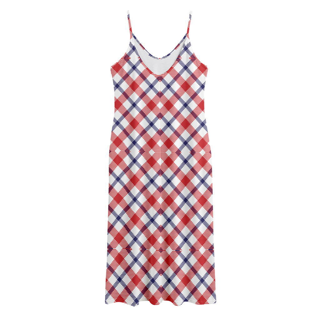 Blue Red And White American Plaid Print Jersey Midi Cami Dress