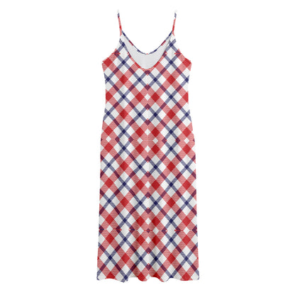 Blue Red And White American Plaid Print Jersey Midi Cami Dress