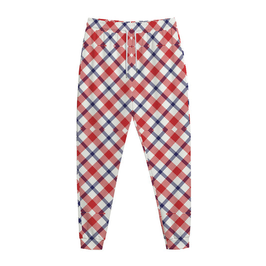 Blue Red And White American Plaid Print Jogger Pants
