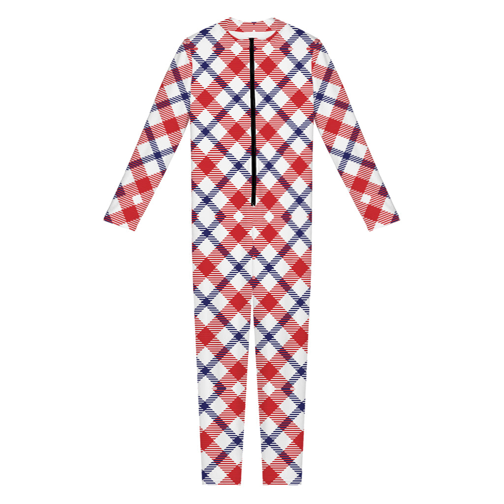 Blue Red And White American Plaid Print Jumpsuit