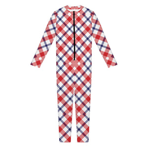 Blue Red And White American Plaid Print Jumpsuit