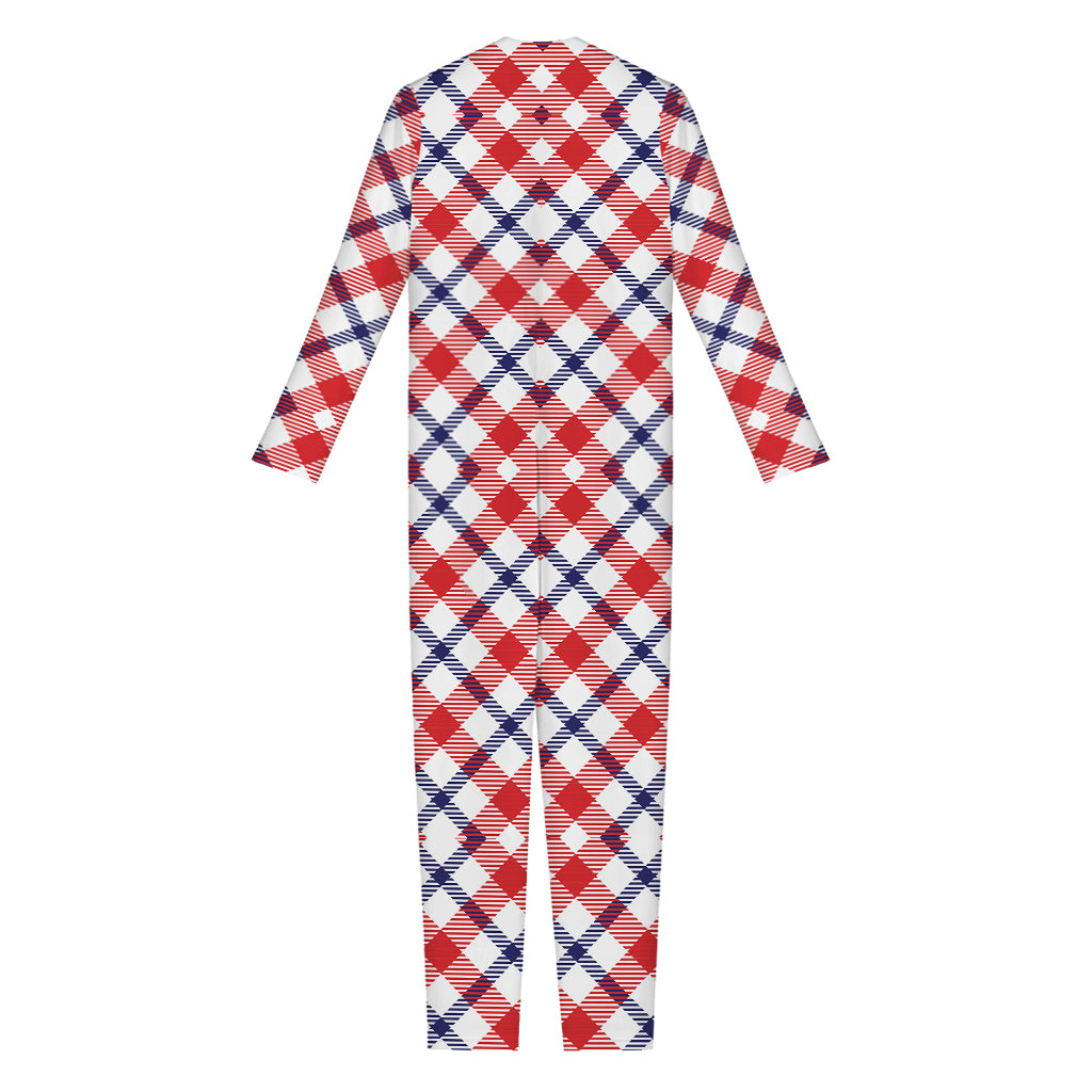 Blue Red And White American Plaid Print Jumpsuit