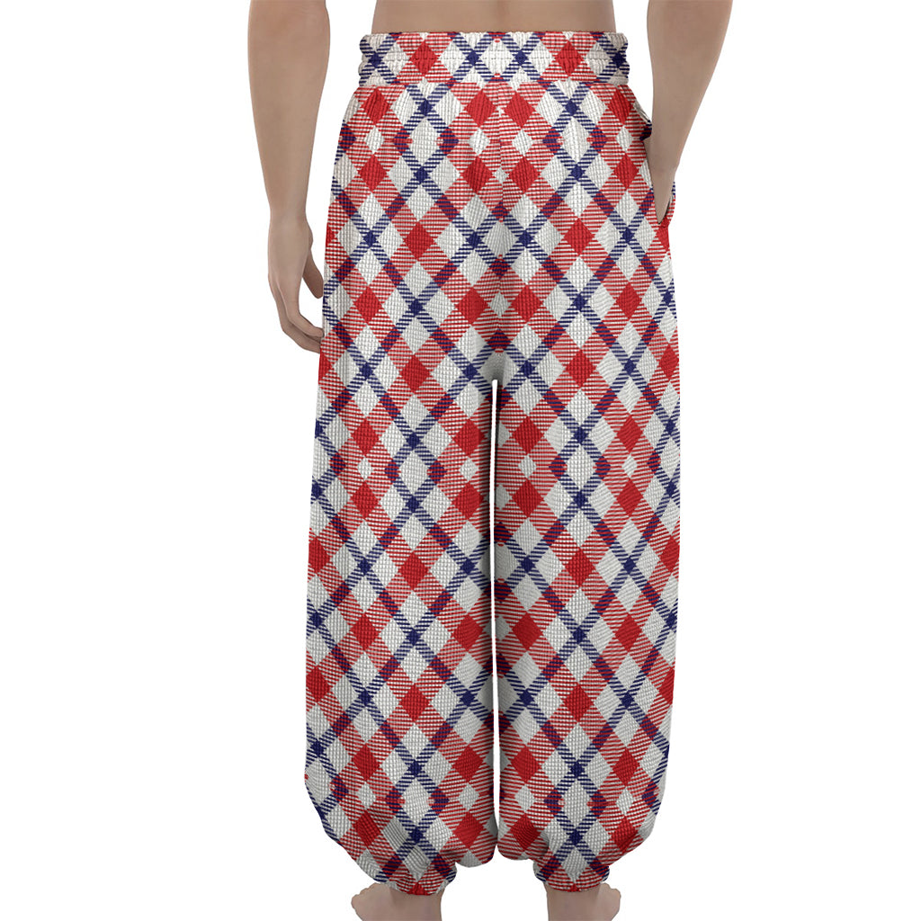 Blue Red And White American Plaid Print Lantern Pants
