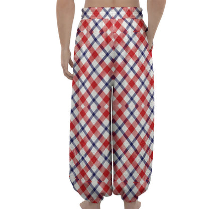 Blue Red And White American Plaid Print Lantern Pants