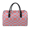 Blue Red And White American Plaid Print Leather Duffel Bag