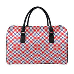 Blue Red And White American Plaid Print Leather Duffle Bag