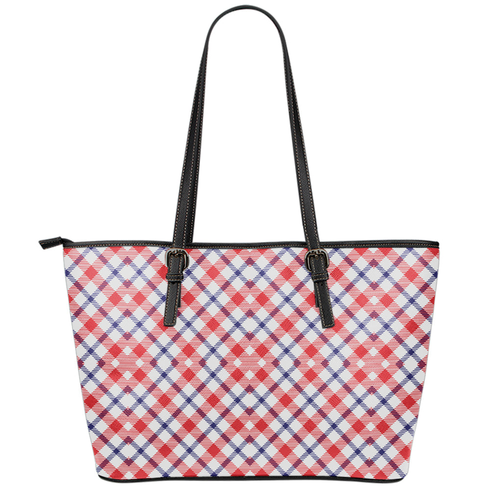 Blue Red And White American Plaid Print Leather Tote Bag