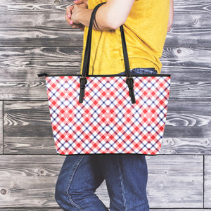 Blue Red And White American Plaid Print Leather Tote Bag