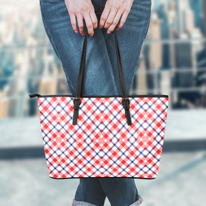 Blue Red And White American Plaid Print Leather Tote Bag