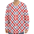 Blue Red And White American Plaid Print Long Sleeve Baseball Jersey