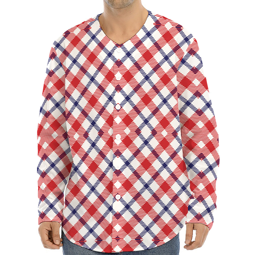 Blue Red And White American Plaid Print Long Sleeve Baseball Jersey