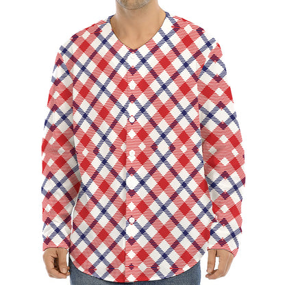 Blue Red And White American Plaid Print Long Sleeve Baseball Jersey