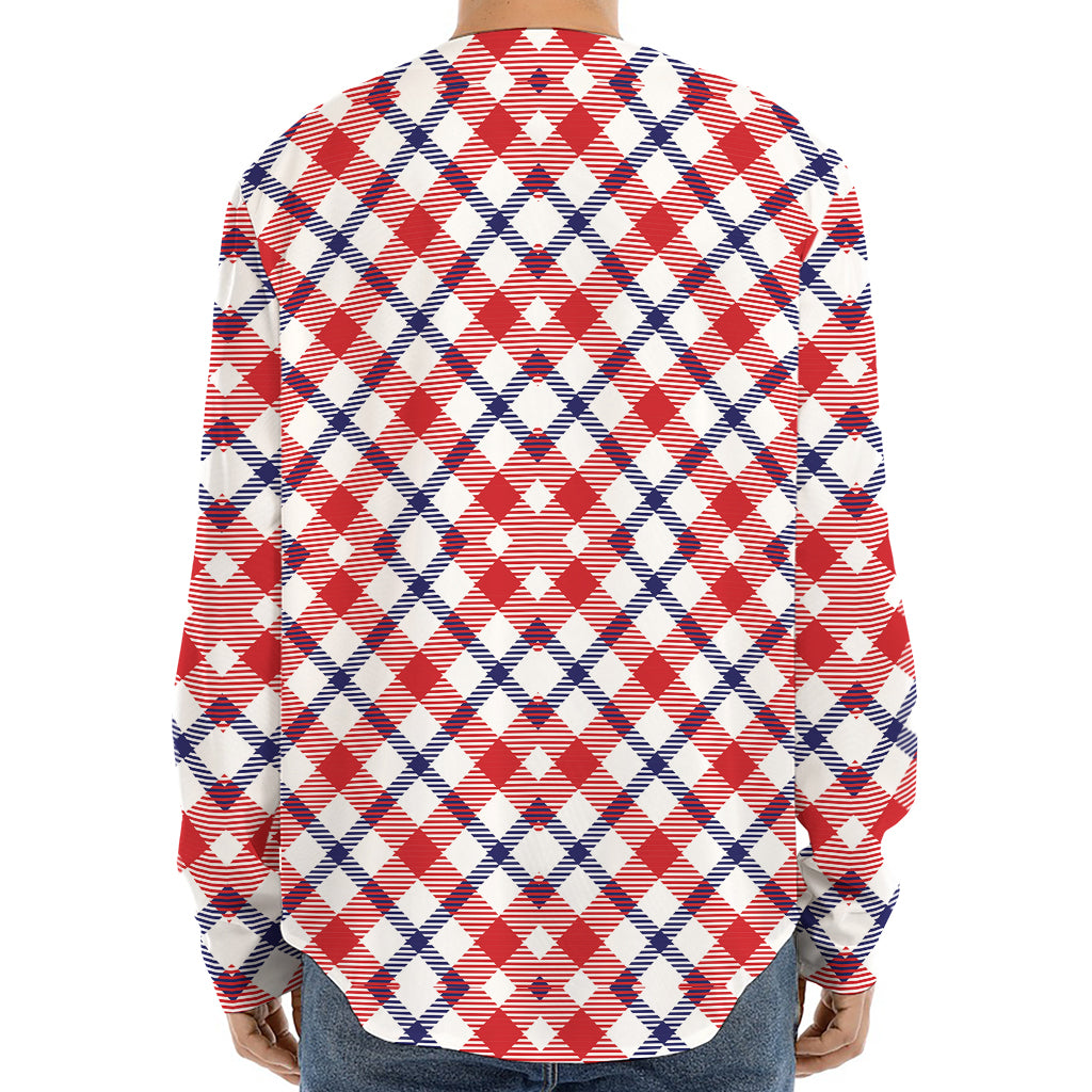 Blue Red And White American Plaid Print Long Sleeve Baseball Jersey