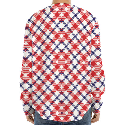 Blue Red And White American Plaid Print Long Sleeve Baseball Jersey