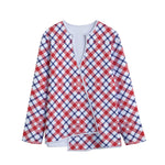 Blue Red And White American Plaid Print Long Sleeve Short Coat