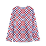 Blue Red And White American Plaid Print Long Sleeve Short Coat
