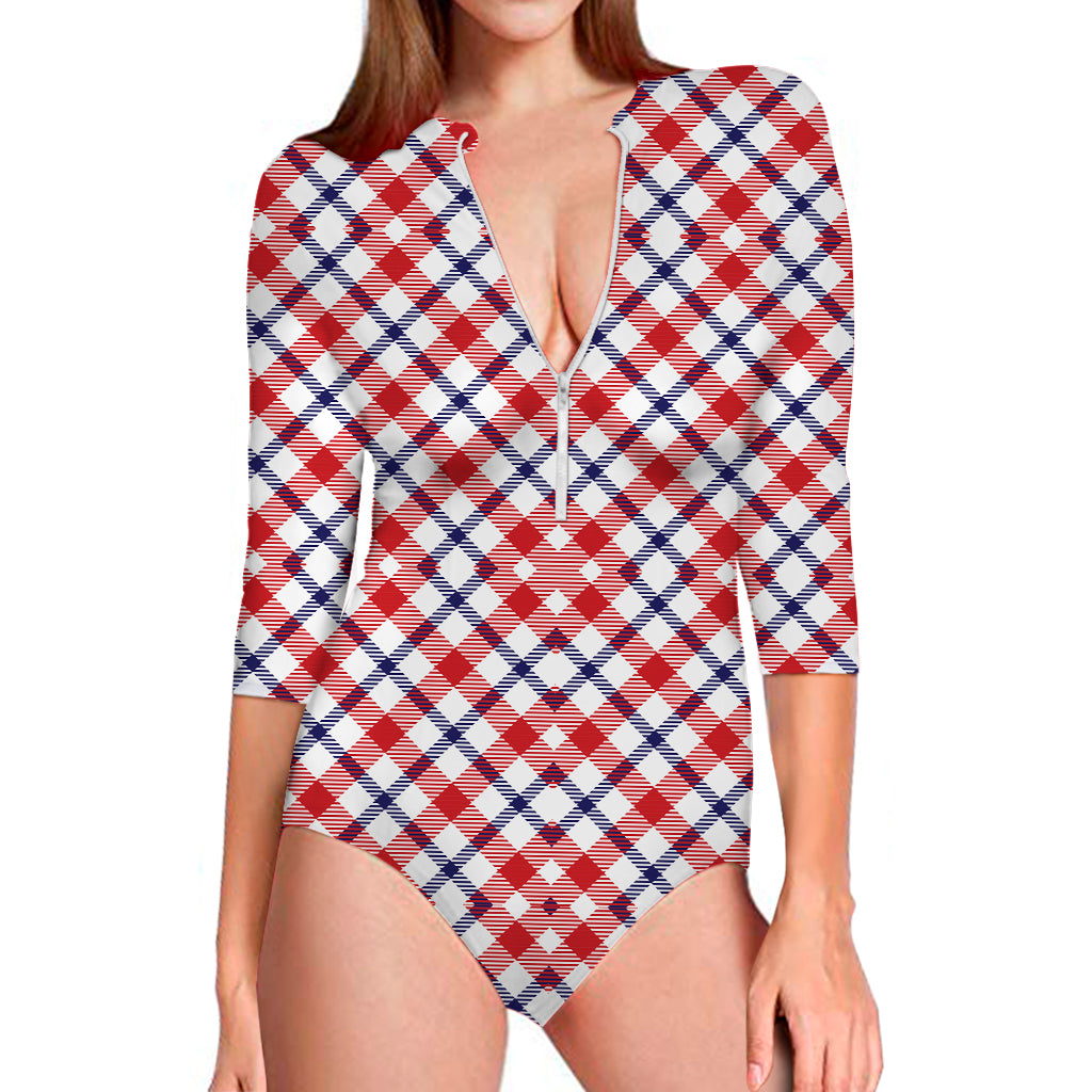 Blue Red And White American Plaid Print Long Sleeve Swimsuit