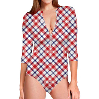 Blue Red And White American Plaid Print Long Sleeve Swimsuit
