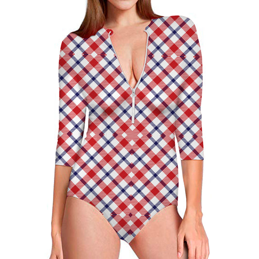 Blue Red And White American Plaid Print Long Sleeve Swimsuit