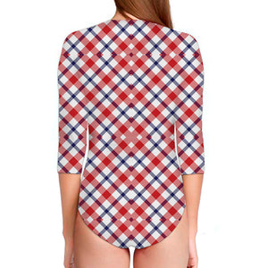 Blue Red And White American Plaid Print Long Sleeve Swimsuit