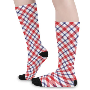 Blue Red And White American Plaid Print Long Socks