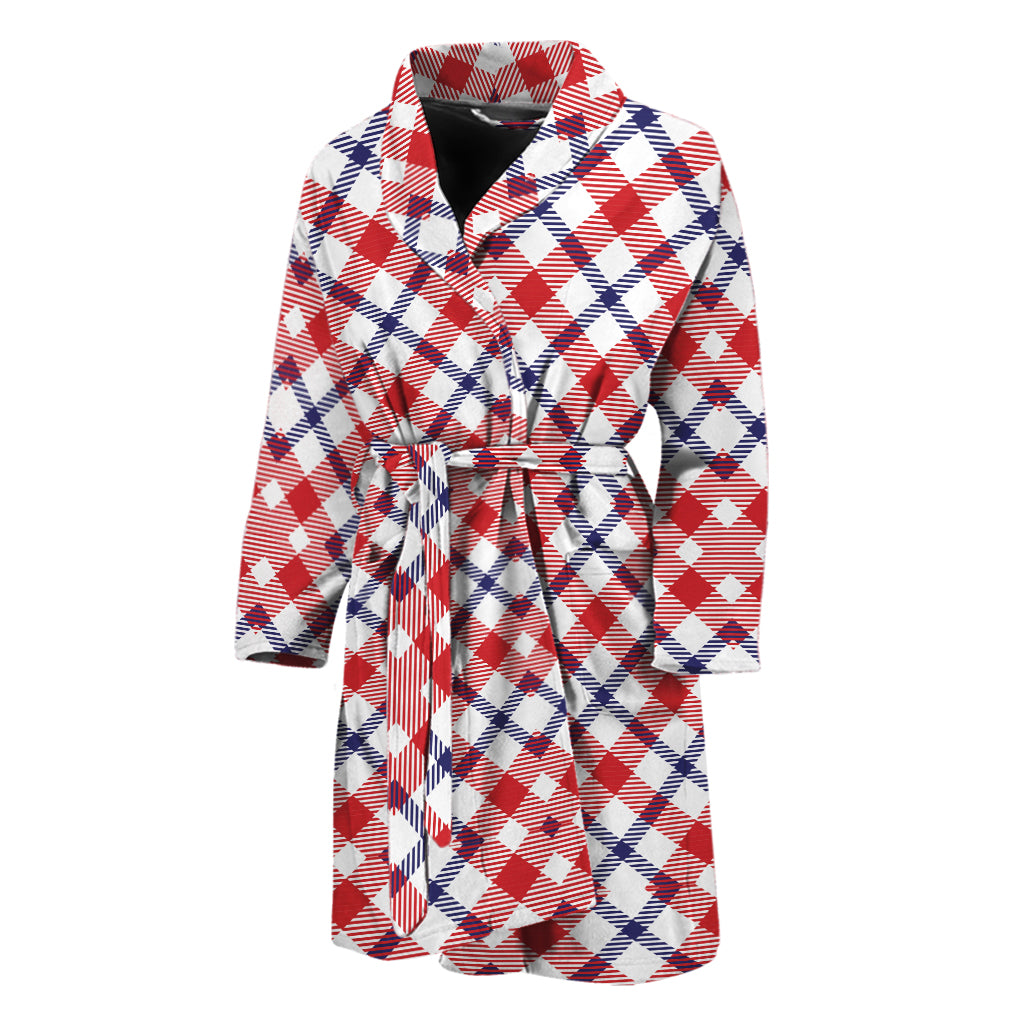 Blue Red And White American Plaid Print Men's Bathrobe