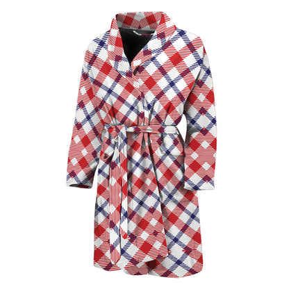 Blue Red And White American Plaid Print Men's Bathrobe