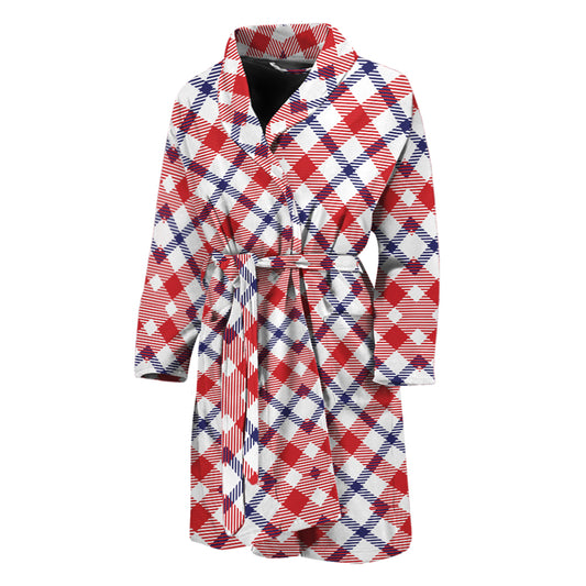 Blue Red And White American Plaid Print Men's Bathrobe