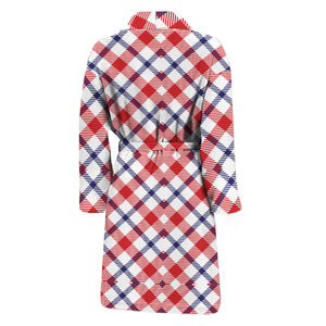 Blue Red And White American Plaid Print Men's Bathrobe