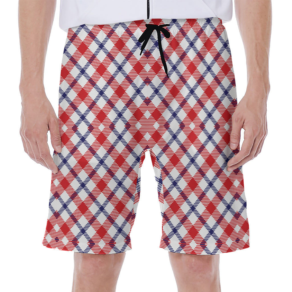 Blue Red And White American Plaid Print Men's Beach Shorts