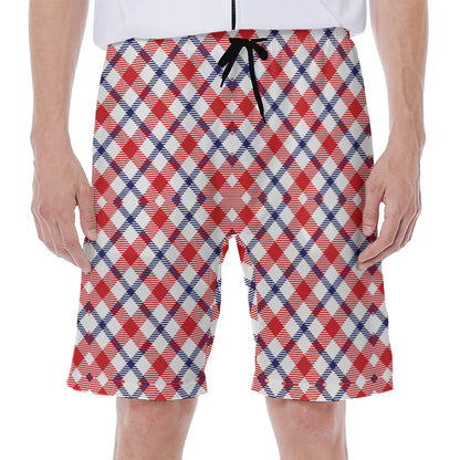 Blue Red And White American Plaid Print Men's Beach Shorts