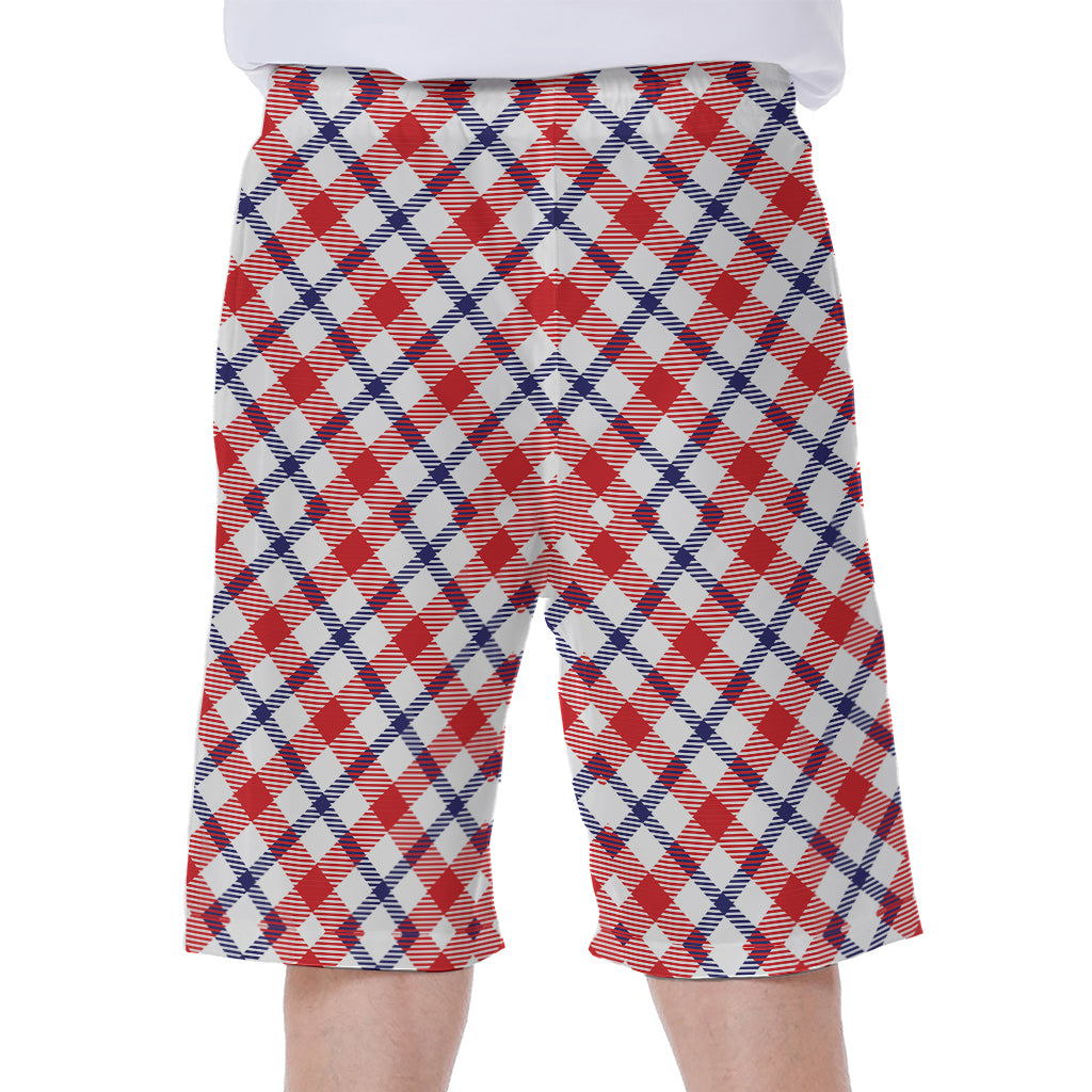 Blue Red And White American Plaid Print Men's Beach Shorts