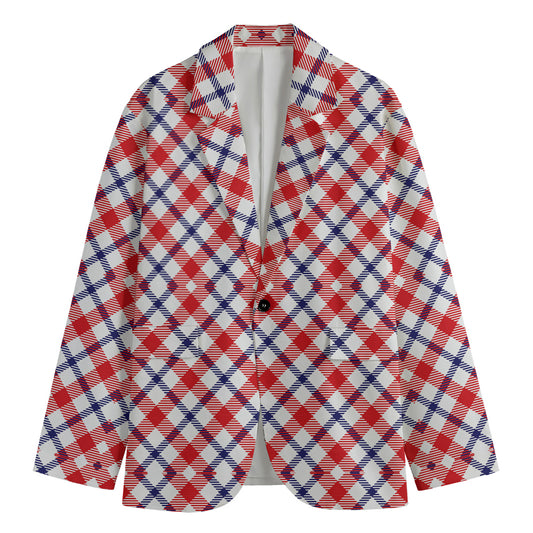 Blue Red And White American Plaid Print Men's Blazer