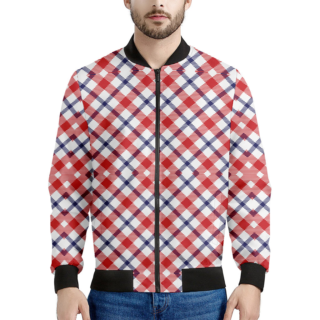 Blue Red And White American Plaid Print Men's Bomber Jacket