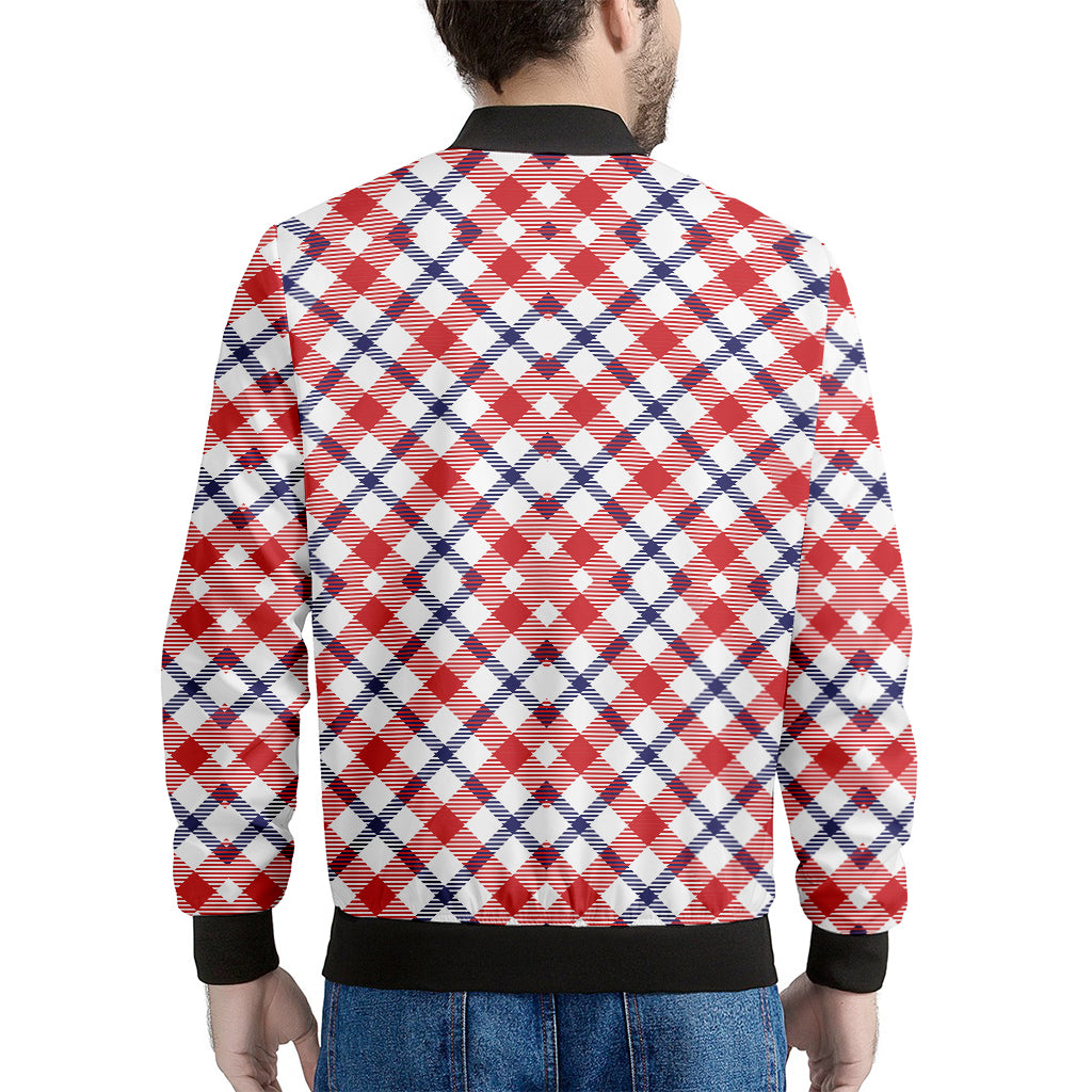 Blue Red And White American Plaid Print Men's Bomber Jacket