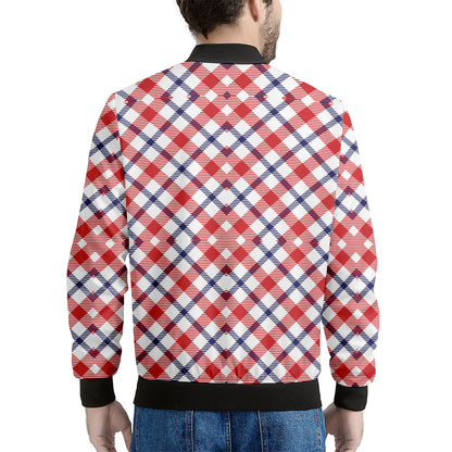 Blue Red And White American Plaid Print Men's Bomber Jacket