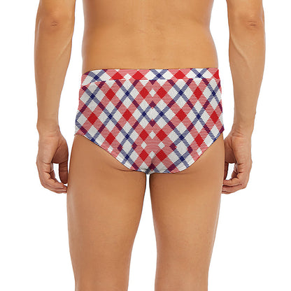Blue Red And White American Plaid Print Men's Briefs