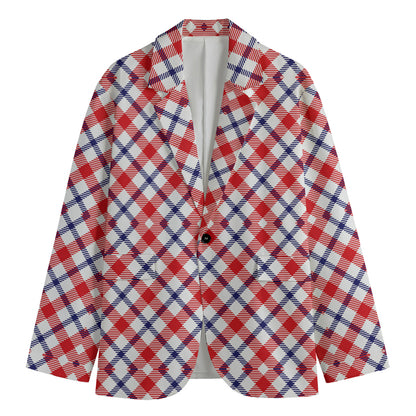 Blue Red And White American Plaid Print Men's Cotton Blazer