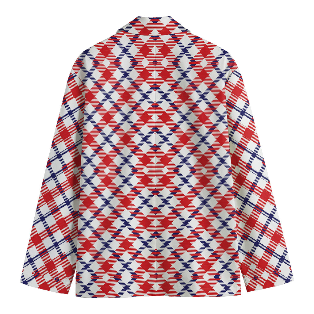 Blue Red And White American Plaid Print Men's Cotton Blazer