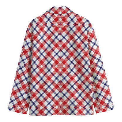 Blue Red And White American Plaid Print Men's Cotton Blazer