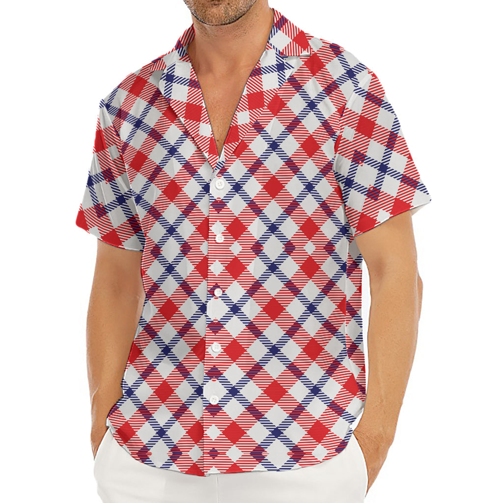 Blue Red And White American Plaid Print Men's Deep V-Neck Shirt