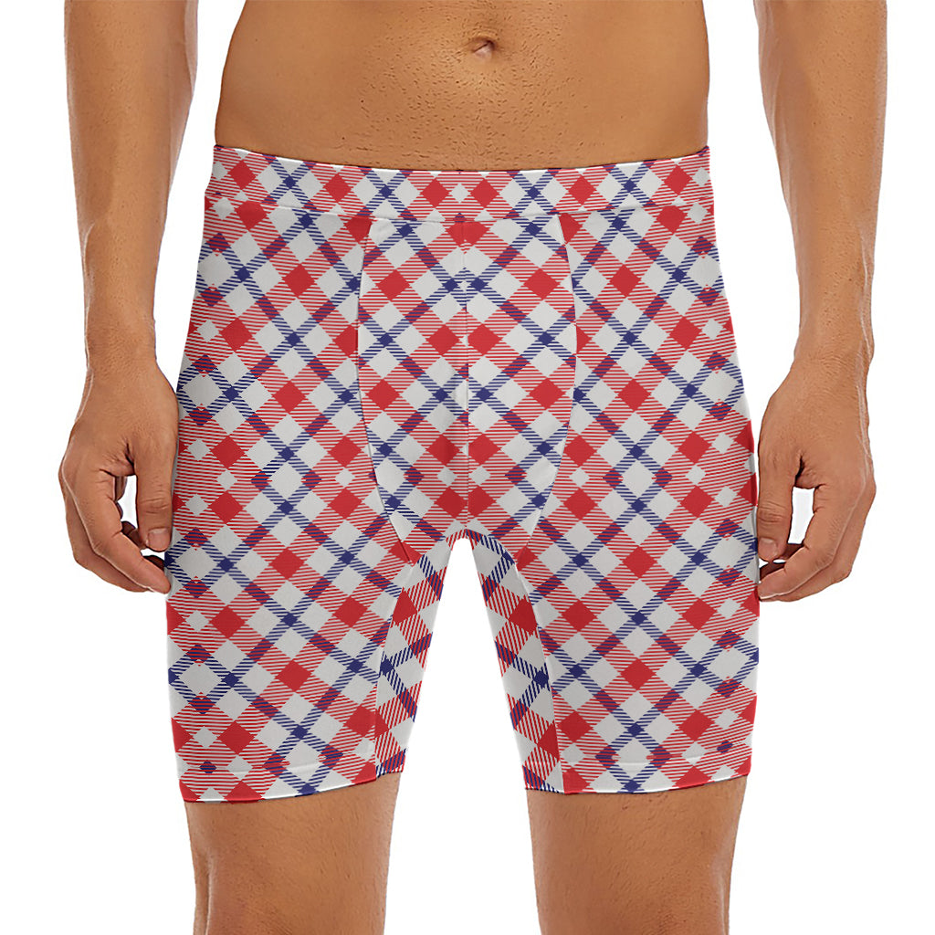 Blue Red And White American Plaid Print Men's Long Boxer Briefs
