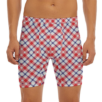Blue Red And White American Plaid Print Men's Long Boxer Briefs