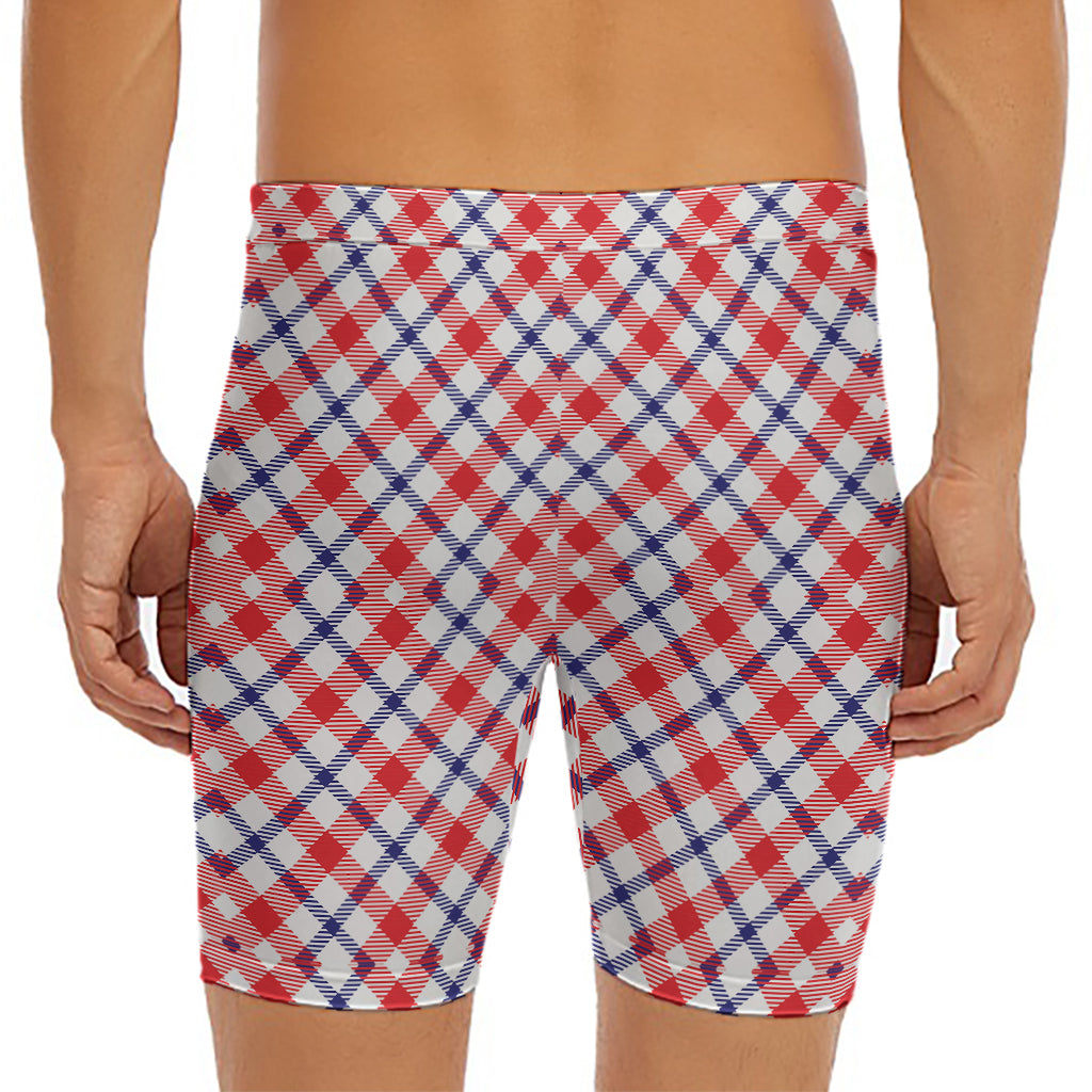 Blue Red And White American Plaid Print Men's Long Boxer Briefs
